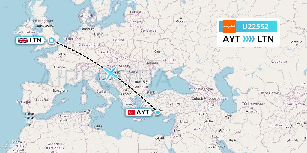 U22552 EasyJet Flight Map: Antalya to London