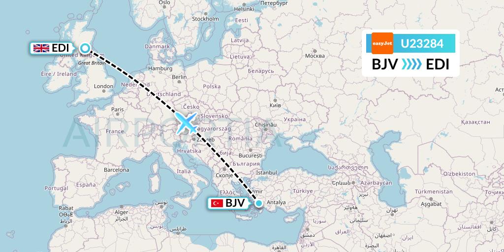 U23284 EasyJet Flight Map: Bodrum to Edinburgh