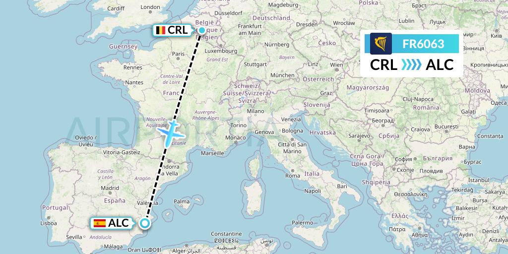 FR6063 Ryanair Flight Map: Brussels to Alicante