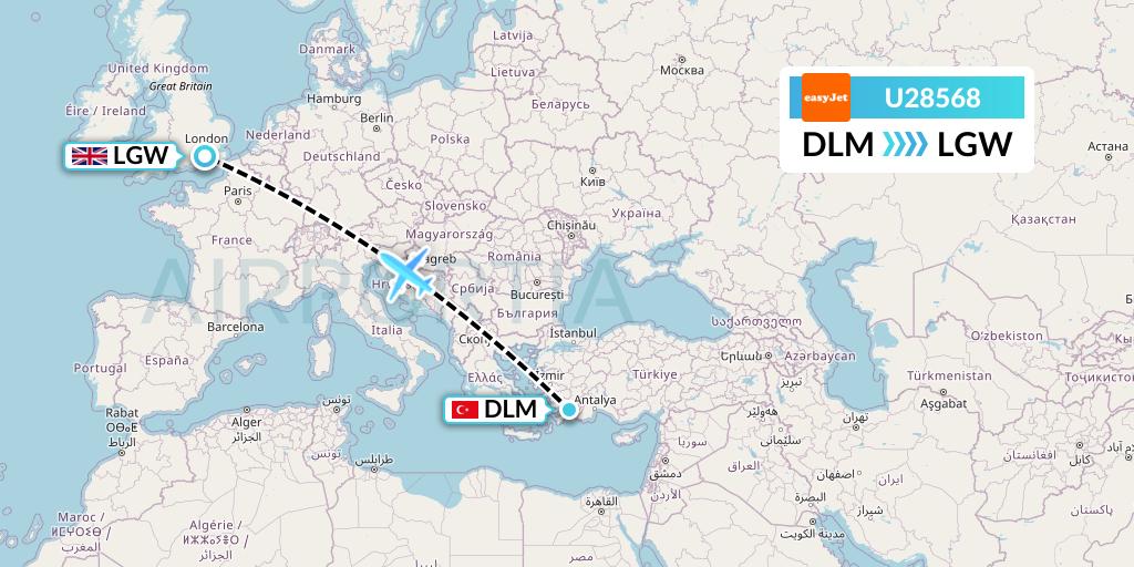U28568 EasyJet Flight Map: Dalaman to London
