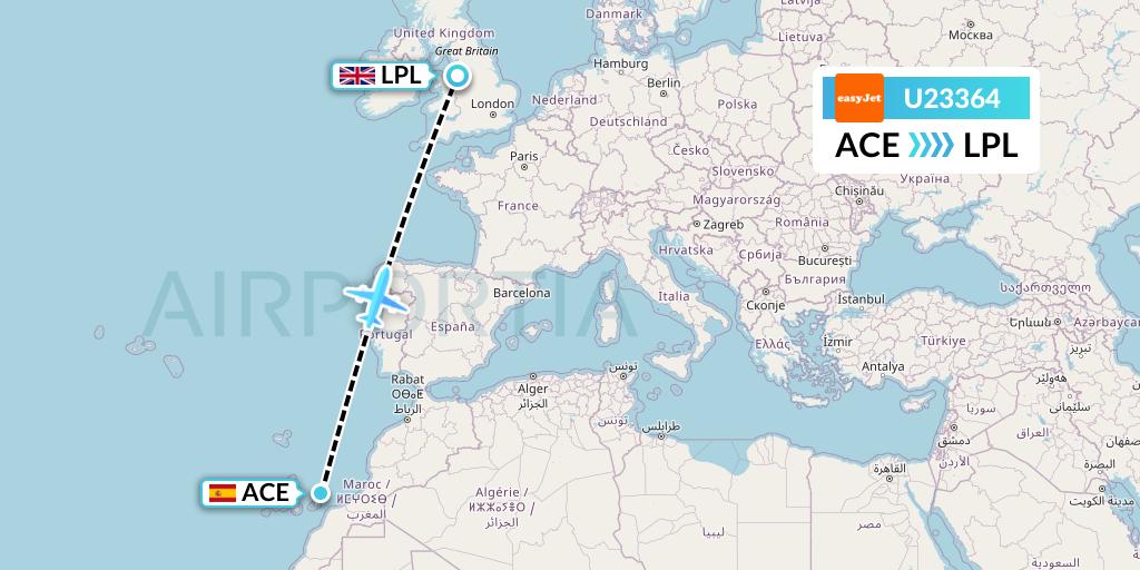 U23364 EasyJet Flight Map: Lanzarote to Liverpool