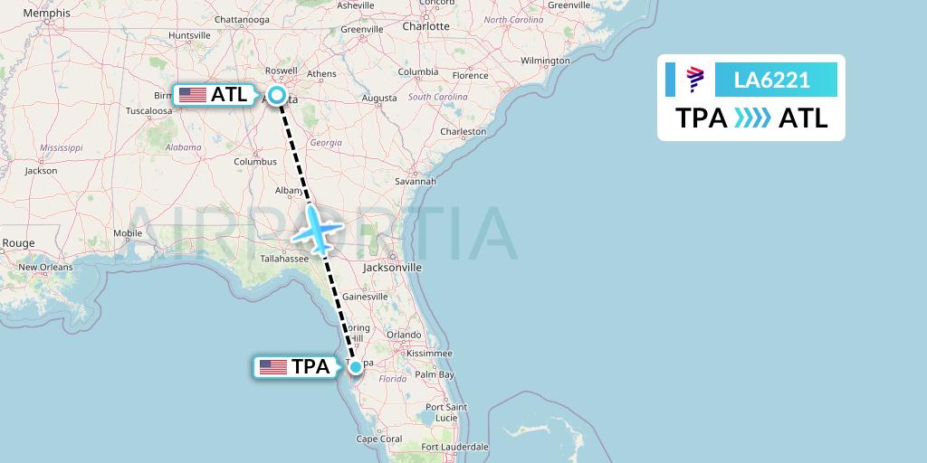 LA6221 LAN Airlines Flight Map: Tampa to Atlanta