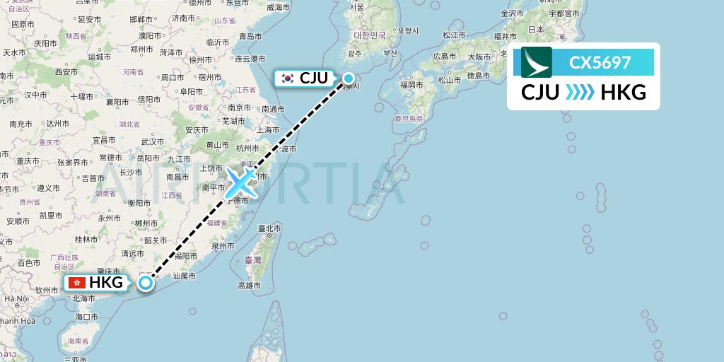 CX5697 Cathay Pacific Flight Map: Jeju to Hong Kong