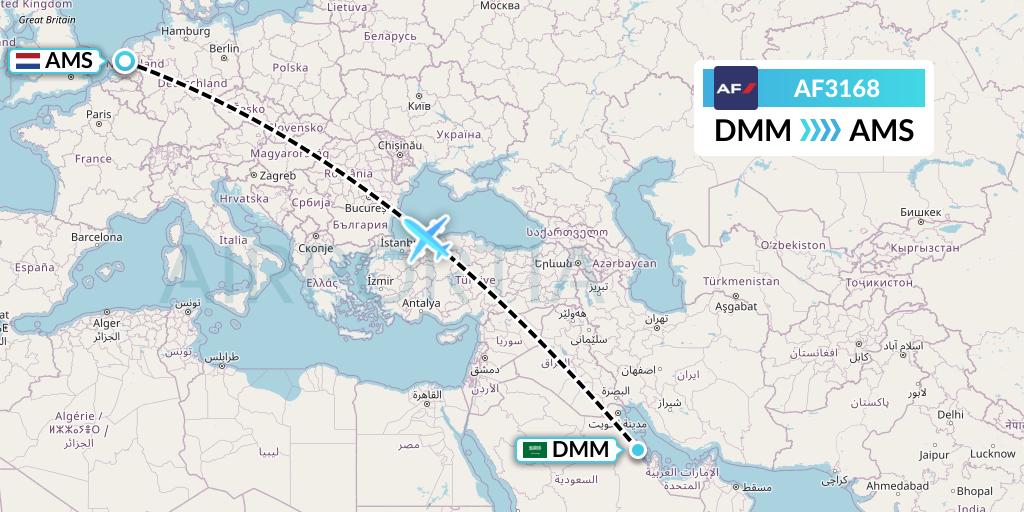 AF3168 Air France Flight Map: Dammam to Amsterdam