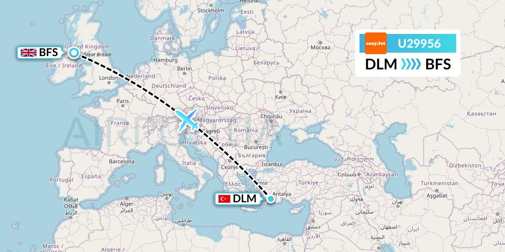 U29956 EasyJet Flight Map: Dalaman to Belfast