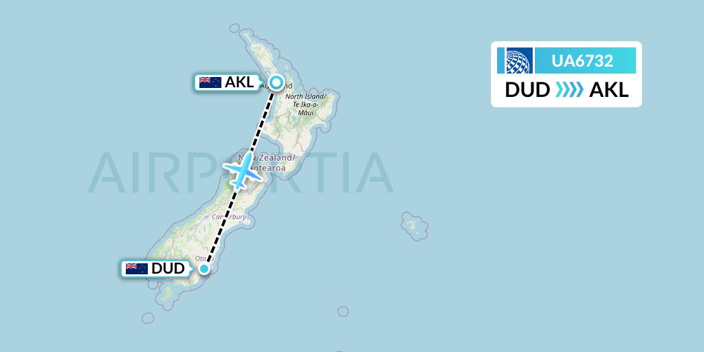 UA6732 United Airlines Flight Map: Dunedin to Auckland