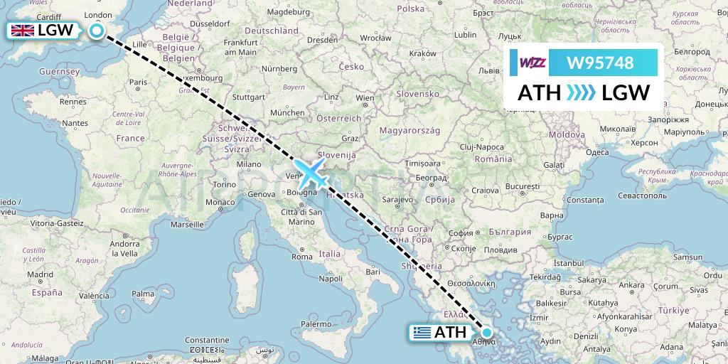 W95748 Wizz Air UK Flight Map: Athens to London