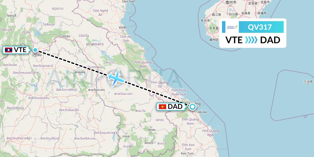 QV317 Lao Airlines Flight Map: Vientiane to Da Nang