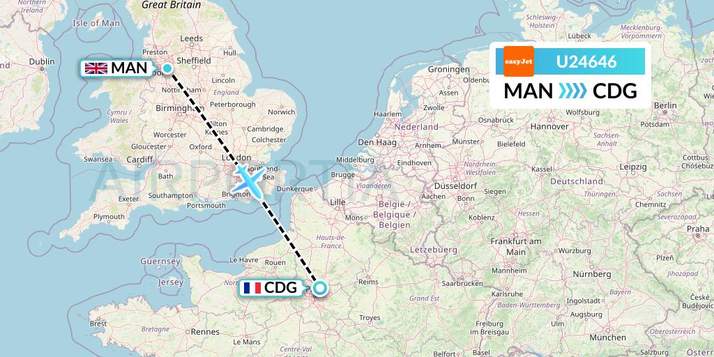 U24646 EasyJet Flight Map: Manchester to Paris