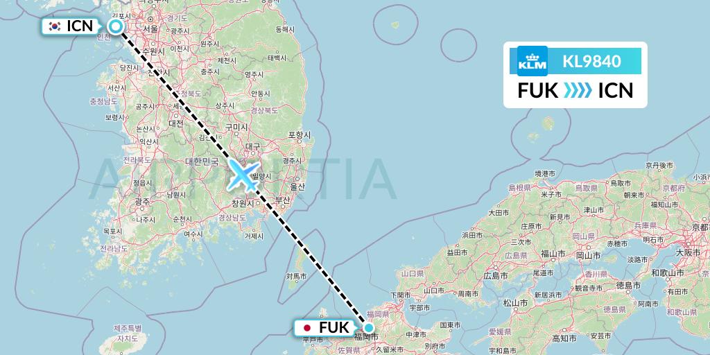 KL9840 KLM Flight Map: Fukuoka to Seoul
