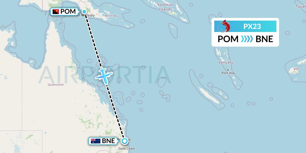 PX23 Air Niugini Flight Map: Port Moresby to Brisbane