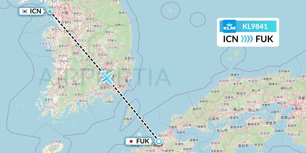 KL9841 KLM Flight Map: Seoul to Fukuoka