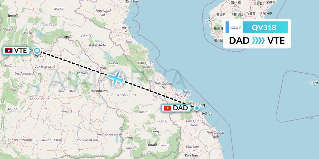QV318 Lao Airlines Flight Map: Da Nang to Vientiane