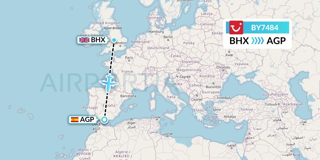 BY7484 TUI Airways Flight Map: Birmingham to Malaga