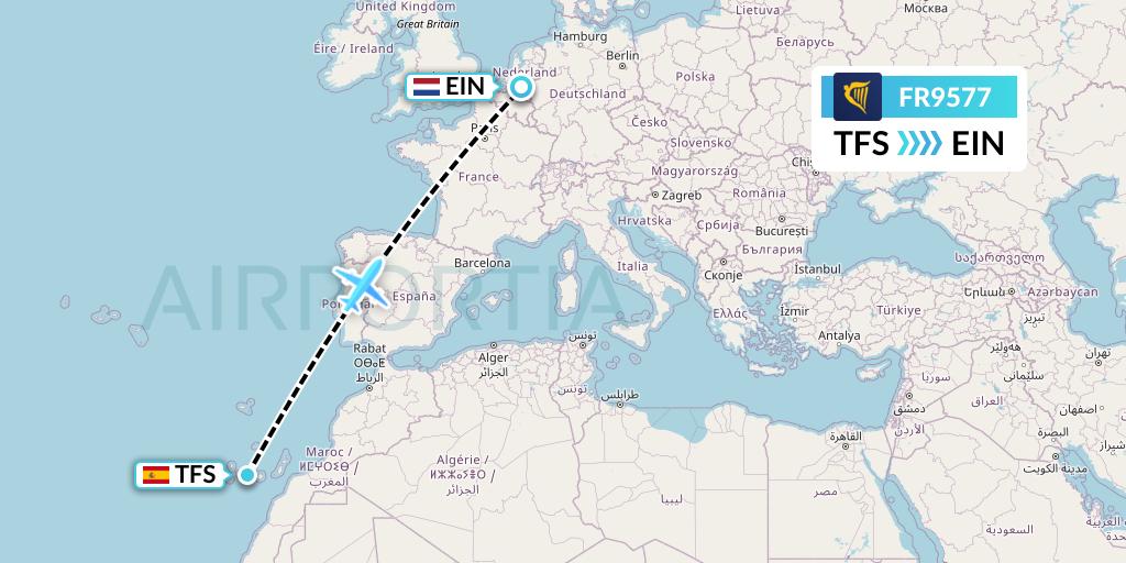 FR9577 Ryanair Flight Map: Tenerife to Eindhoven