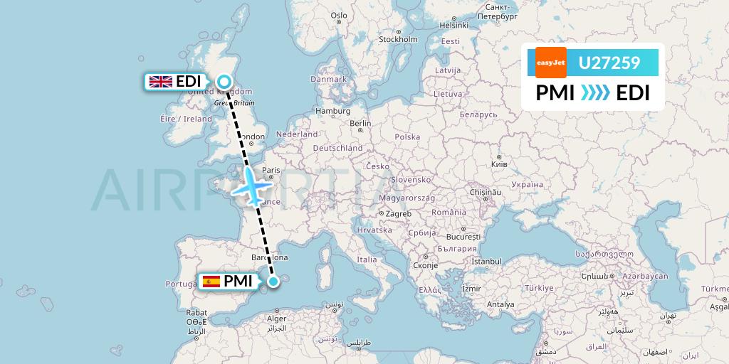U27259 EasyJet Flight Map: Palma de Mallorca to Edinburgh