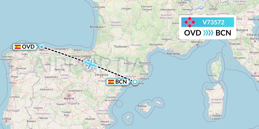 V73572 Volotea Flight Map: Asturias to Barcelona