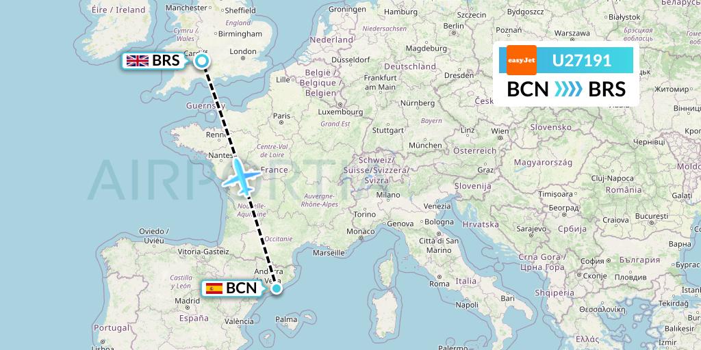 U27191 EasyJet Flight Map: Barcelona to Bristol