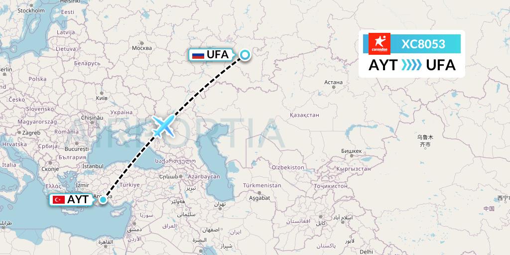 XC8053 Corendon Airlines Flight Map: Antalya to Ufa