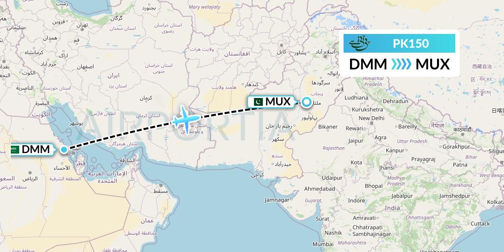PK150 Pakistan International Airlines Flight Map: Dammam to Multan