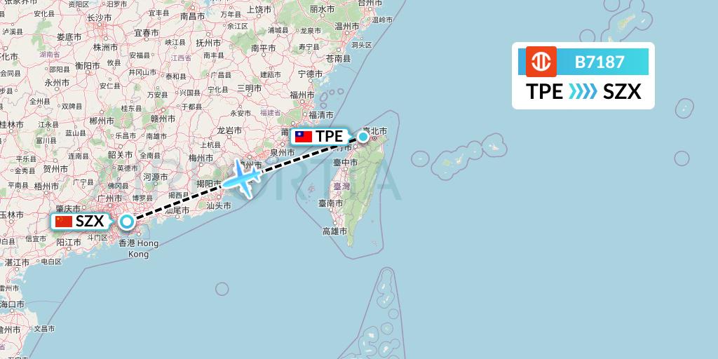 B7187 UNI Air Flight Map: Taipei to Shenzhen