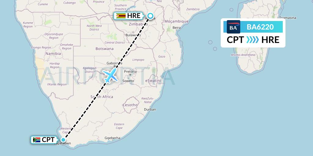 BA6220 British Airways Flight Map: Cape Town to Harare