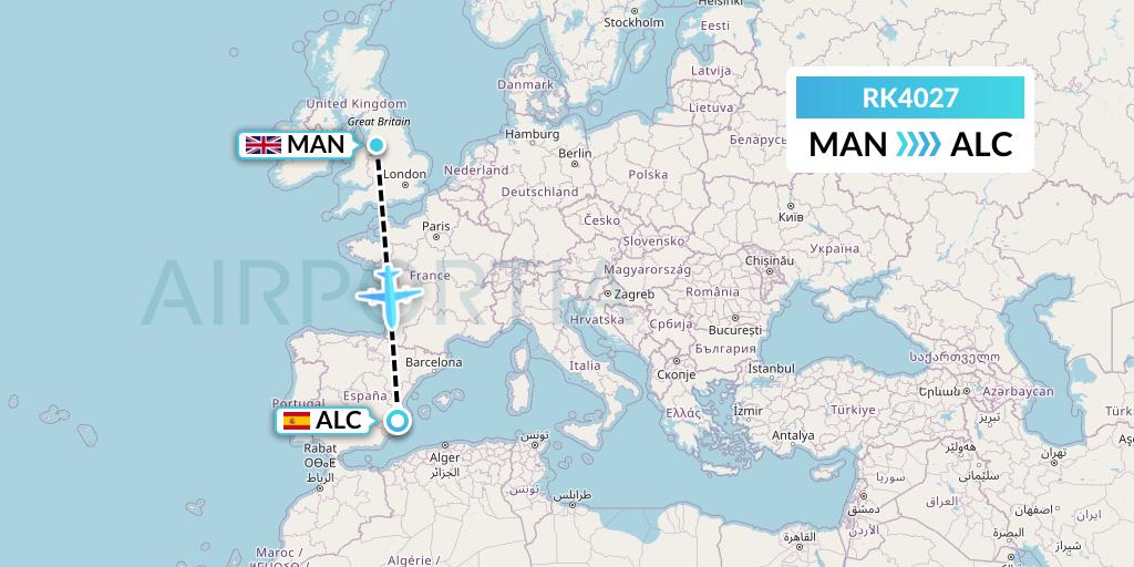 RK4027 Ryanair UK Flight Map: Manchester to Alicante