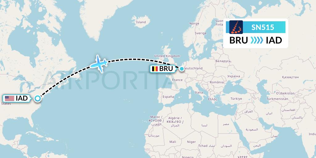 SN515 Brussels Airlines Flight Map: Brussels to Washington