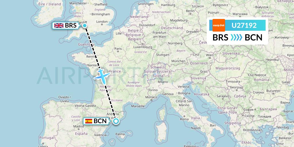 U27192 EasyJet Flight Map: Bristol to Barcelona