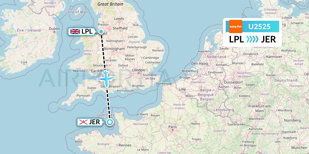 U2525 EasyJet Flight Map: Liverpool to Jersey