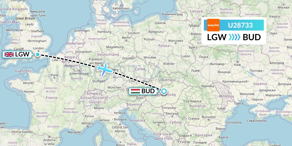 U28733 EasyJet Flight Map: London to Budapest