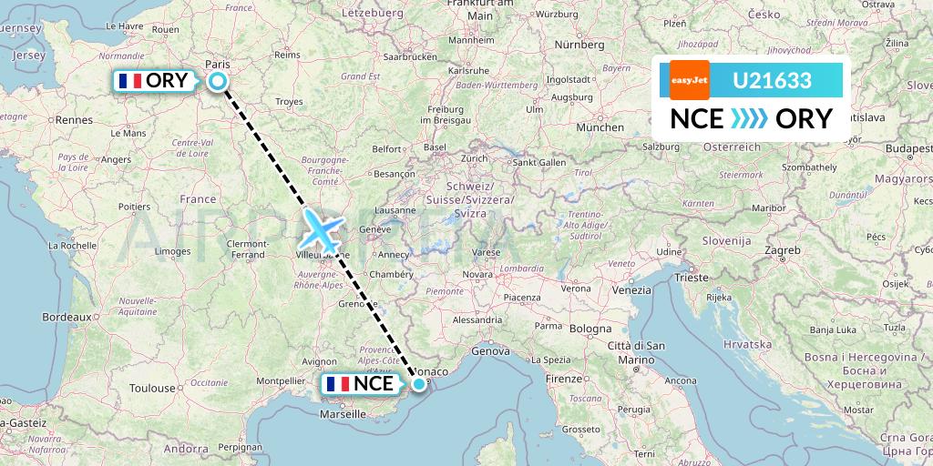 U21633 EasyJet Flight Map: Nice to Paris