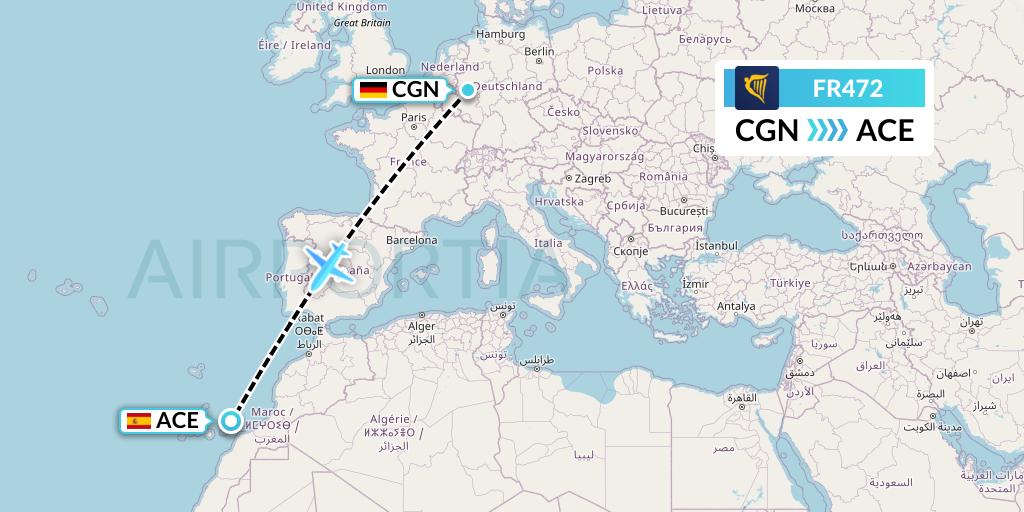 FR472 Ryanair Flight Map: Cologne to Lanzarote