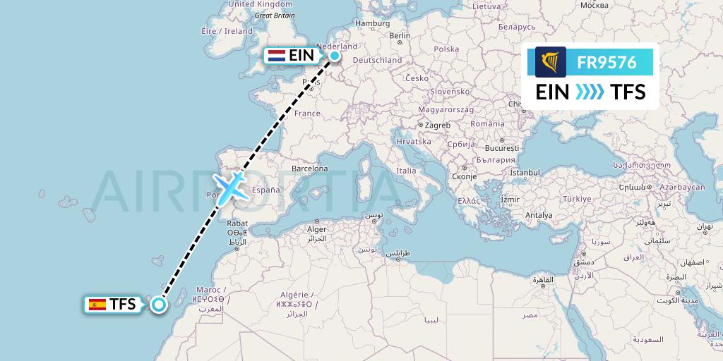 FR9576 Ryanair Flight Map: Eindhoven to Tenerife
