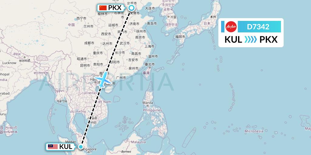 D7342 AirAsia X Flight Map: Kuala Lumpur to Beijing