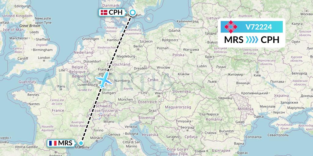 V72224 Volotea Flight Map: Marseille to Copenhagen