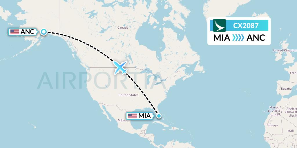 CX2087 Cathay Pacific Flight Map: Miami to Anchorage