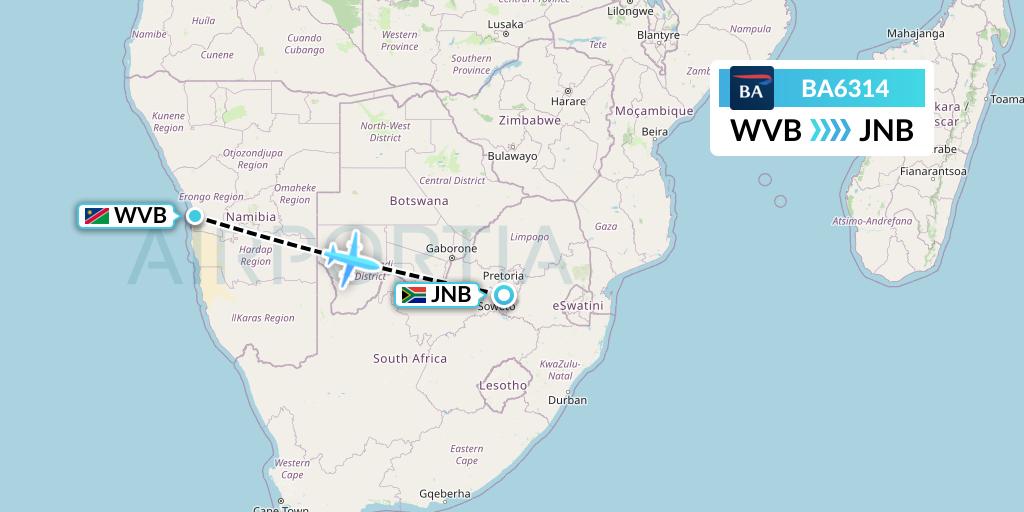 BA6314 British Airways Flight Map: Walvis Bay to Johannesburg