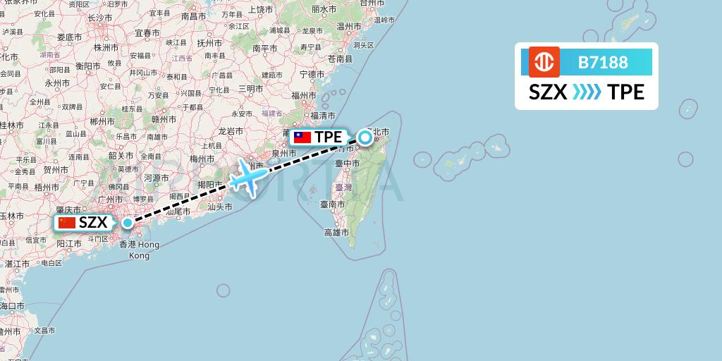 B7188 UNI Air Flight Map: Shenzhen to Taipei