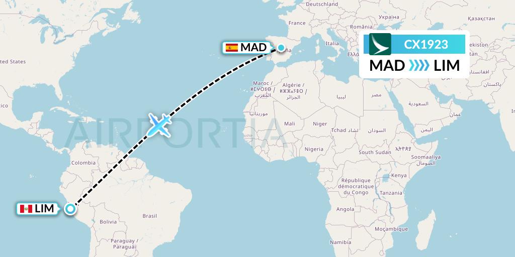 CX1923 Cathay Pacific Flight Map: Madrid to Lima