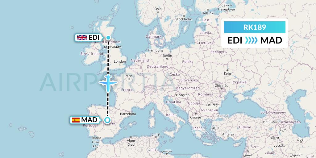 RK189 Ryanair UK Flight Map: Edinburgh to Madrid