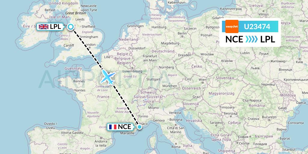 U23474 EasyJet Flight Map: Nice to Liverpool
