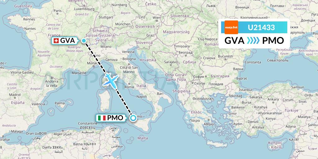 U21433 EasyJet Flight Map: Geneva to Palermo