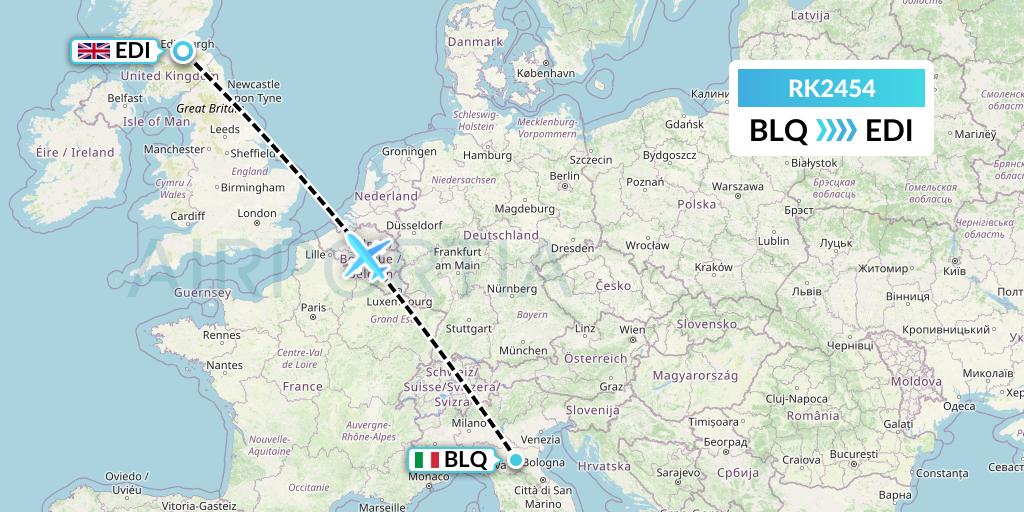 RK2454 Ryanair UK Flight Map: Bologna to Edinburgh