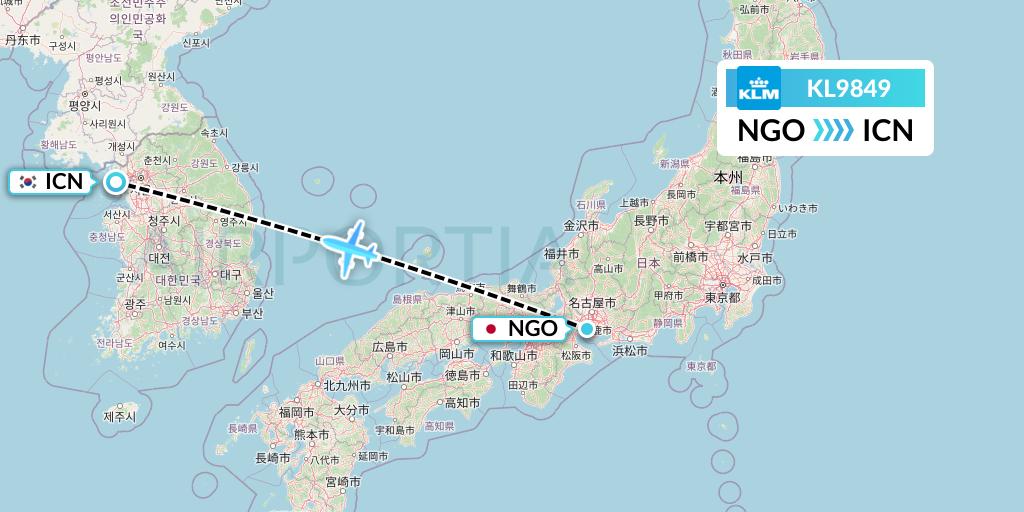 KL9849 KLM Flight Map: Nagoya to Seoul