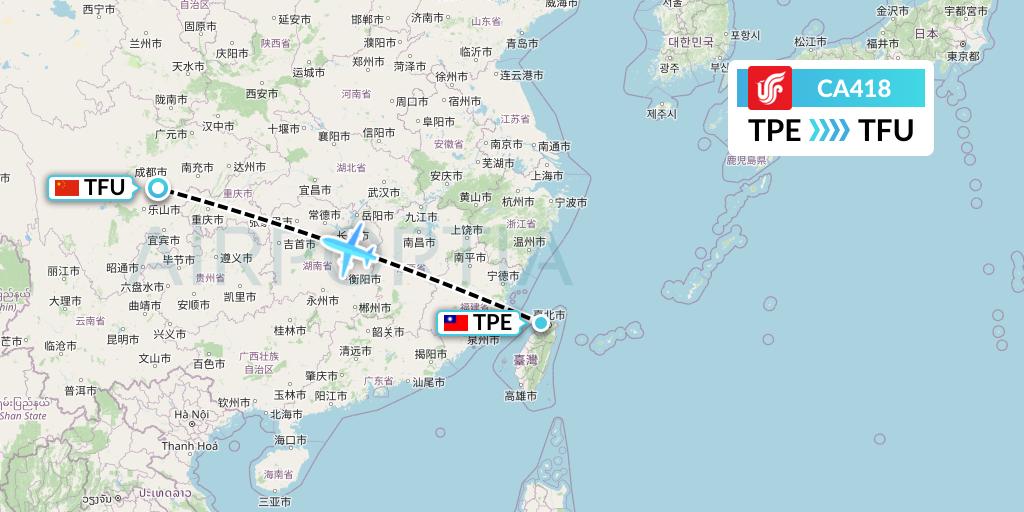 CA418 Air China Flight Map: Taipei to Chengdu