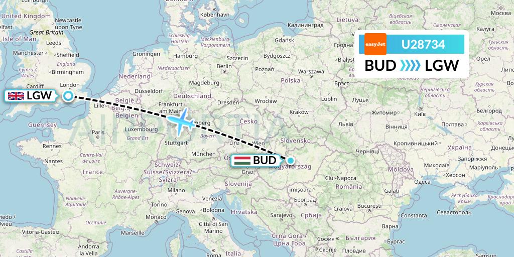 U28734 EasyJet Flight Map: Budapest to London