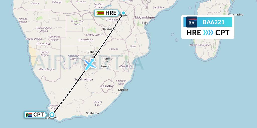 BA6221 British Airways Flight Map: Harare to Cape Town