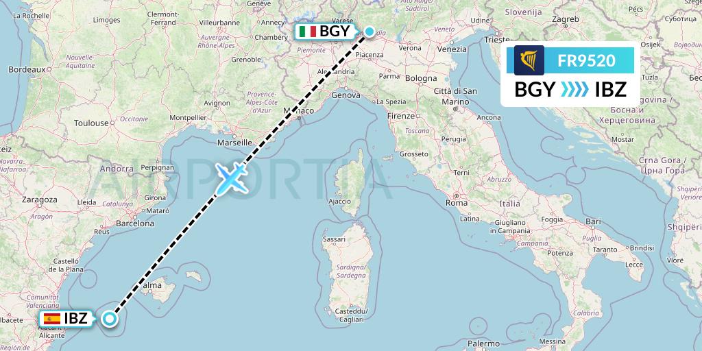 FR9520 Ryanair Flight Map: Milan to Ibiza