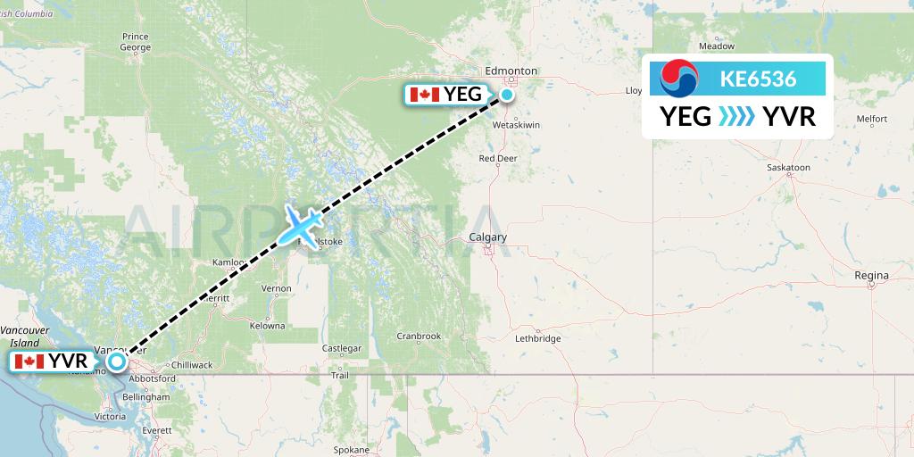 KE6536 Korean Air Flight Map: Edmonton to Vancouver